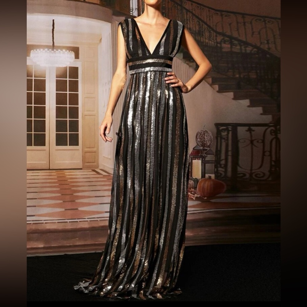 Luxe plunging V neckline party formal evening striped sequins dress